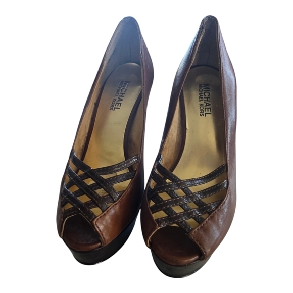 Michael Michael Kors Open Toe Pump Heels Women Sz 5.5M Brown Leather Logo - Picture 4 of 16